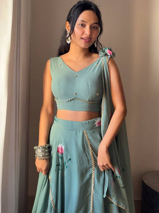Dusty Blue Hand-Painted Georgette Draped Dupatta Lehenga Set Clothsvilla