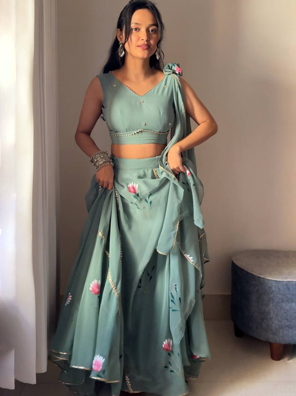Dusty Blue Hand-Painted Georgette Draped Dupatta Lehenga Set Clothsvilla