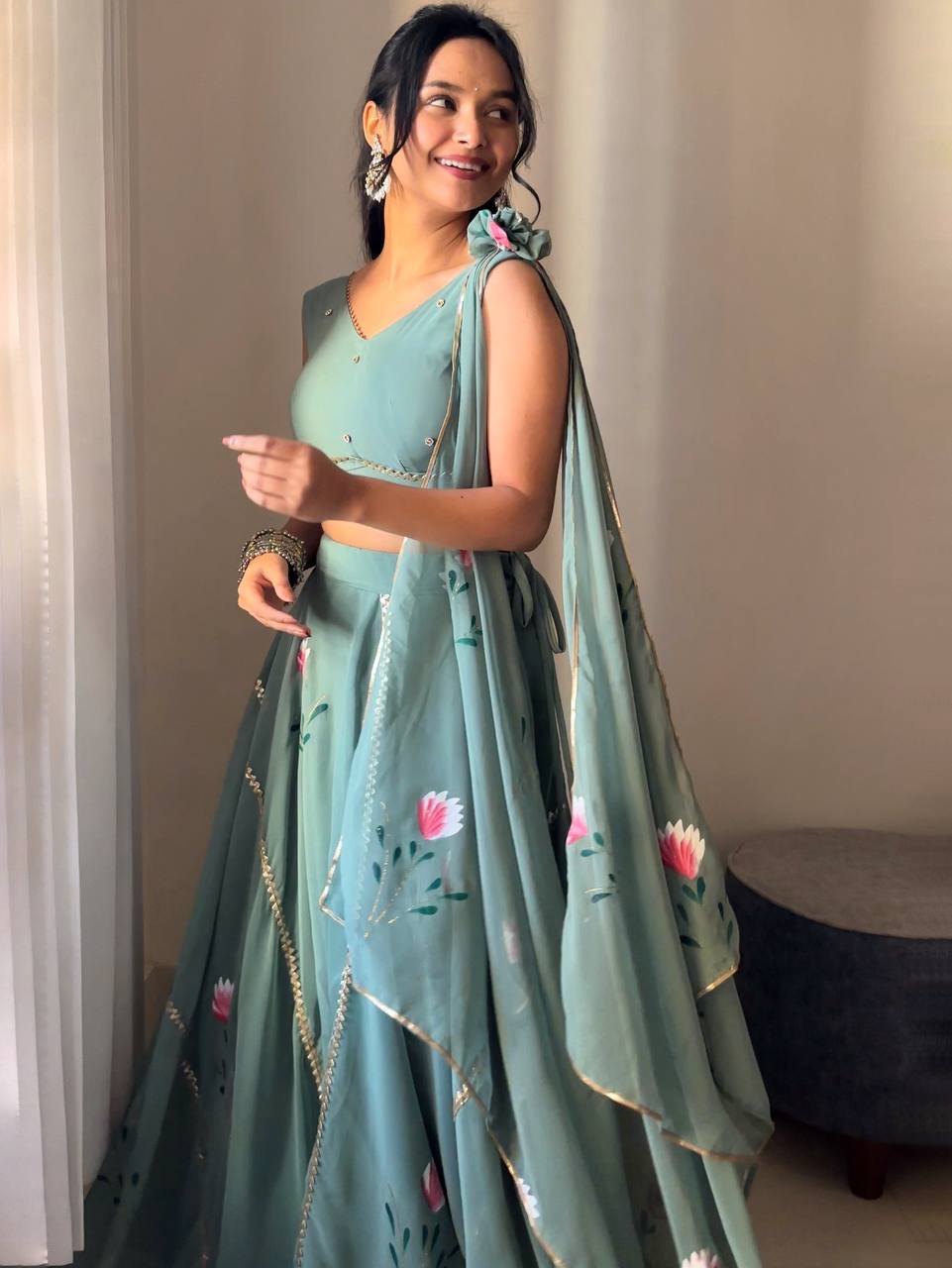 Dusty Blue Hand-Painted Georgette Draped Dupatta Lehenga Set Clothsvilla