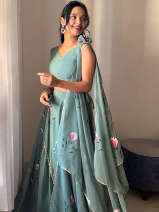 Dusty Blue Hand-Painted Georgette Draped Dupatta Lehenga Set Clothsvilla