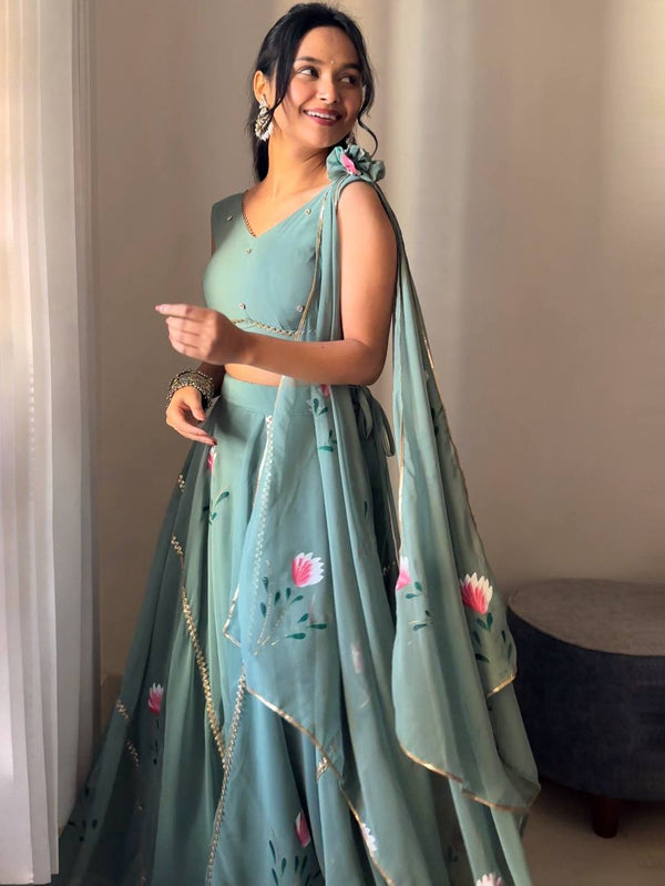 Dusty Blue Hand-Painted Georgette Draped Dupatta Lehenga Set Clothsvilla
