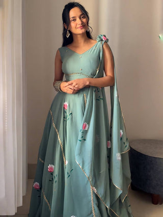 Dusty Blue Hand-Painted Georgette Draped Dupatta Lehenga Set Clothsvilla