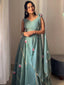 Dusty Blue Hand-Painted Georgette Draped Dupatta Lehenga Set Clothsvilla