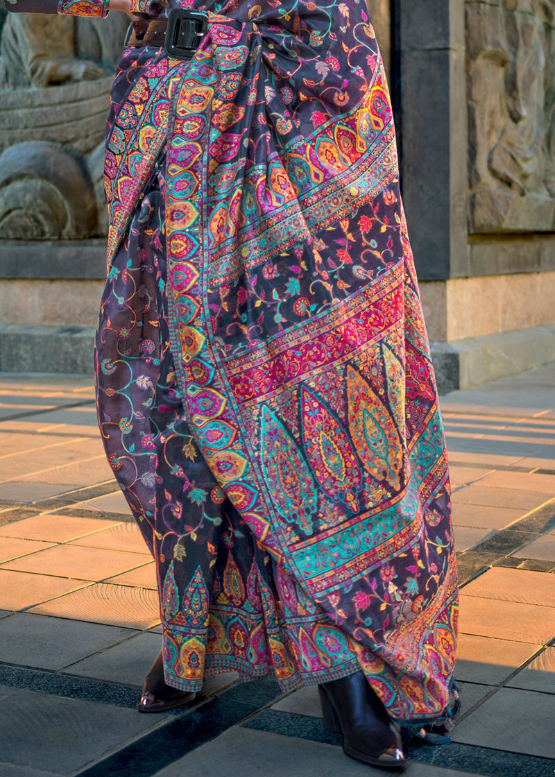 Dusty Blue Jamawar Woven Organza Silk Saree – Traditional Elegance with Blouse Piece ClothsVilla