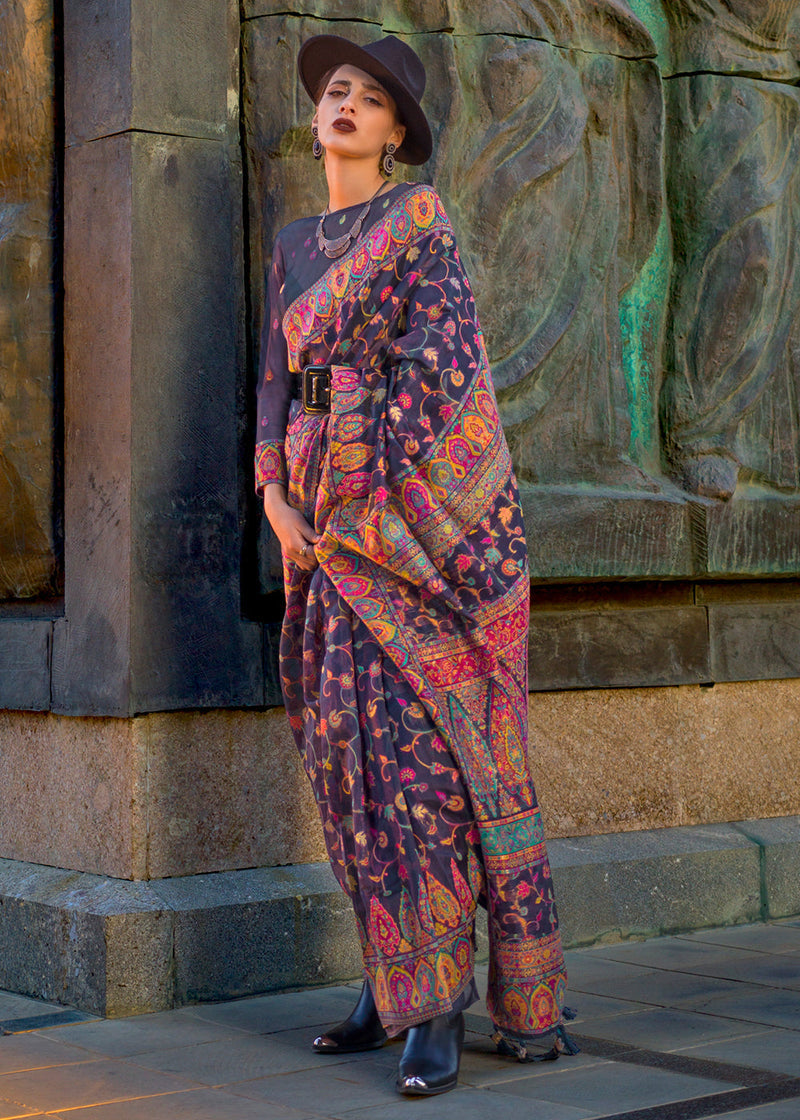Dusty Blue Jamawar Woven Organza Silk Saree – Traditional Elegance with Blouse Piece ClothsVilla Main image