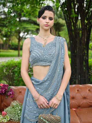 Dusty Blue Plain Lehenga with Attached Dupatta Clothsvilla