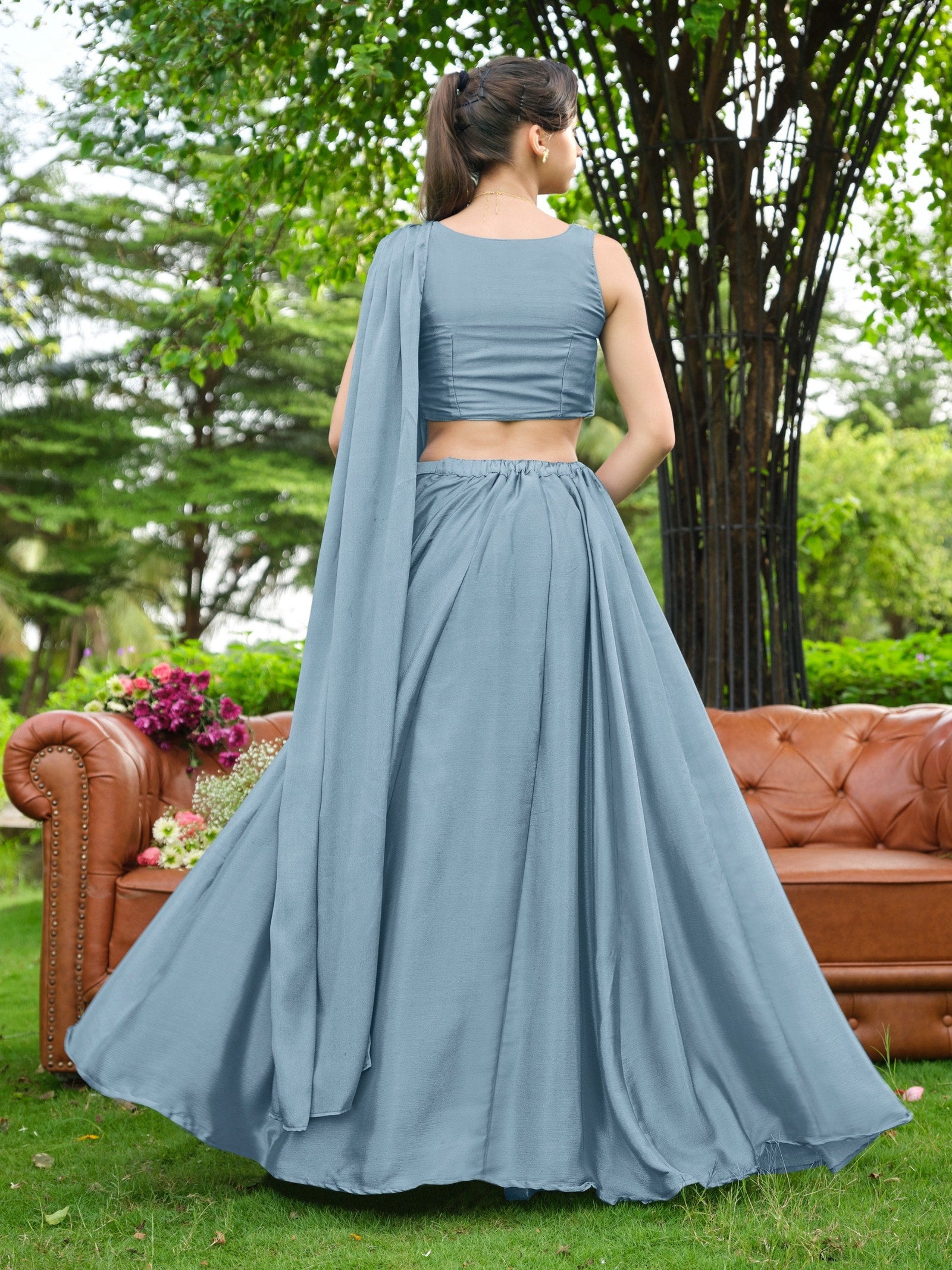 Dusty Blue Plain Lehenga with Attached Dupatta Clothsvilla