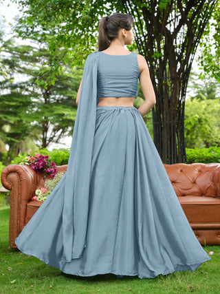 Dusty Blue Plain Lehenga with Attached Dupatta Clothsvilla