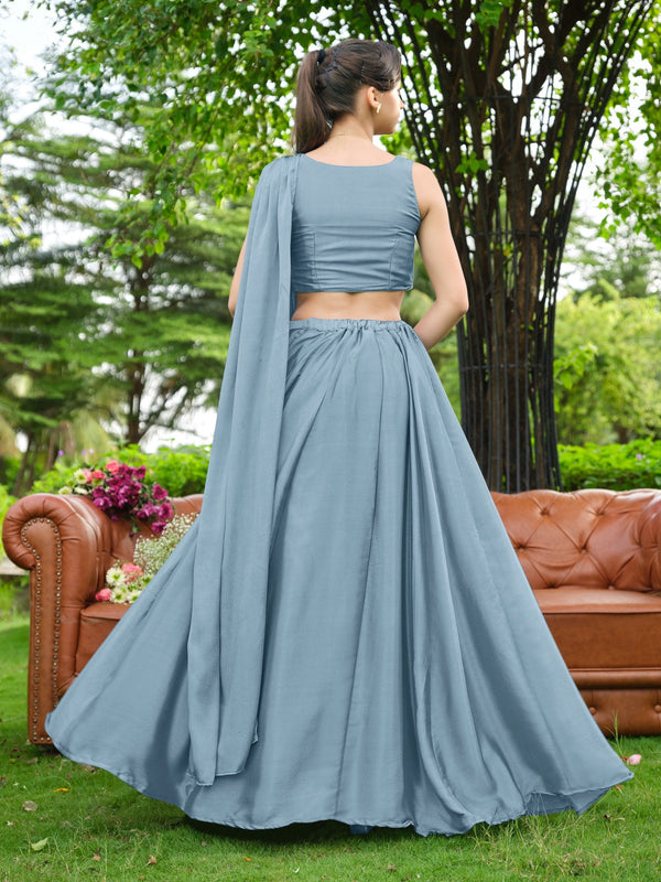 Dusty Blue Plain Lehenga with Attached Dupatta Clothsvilla