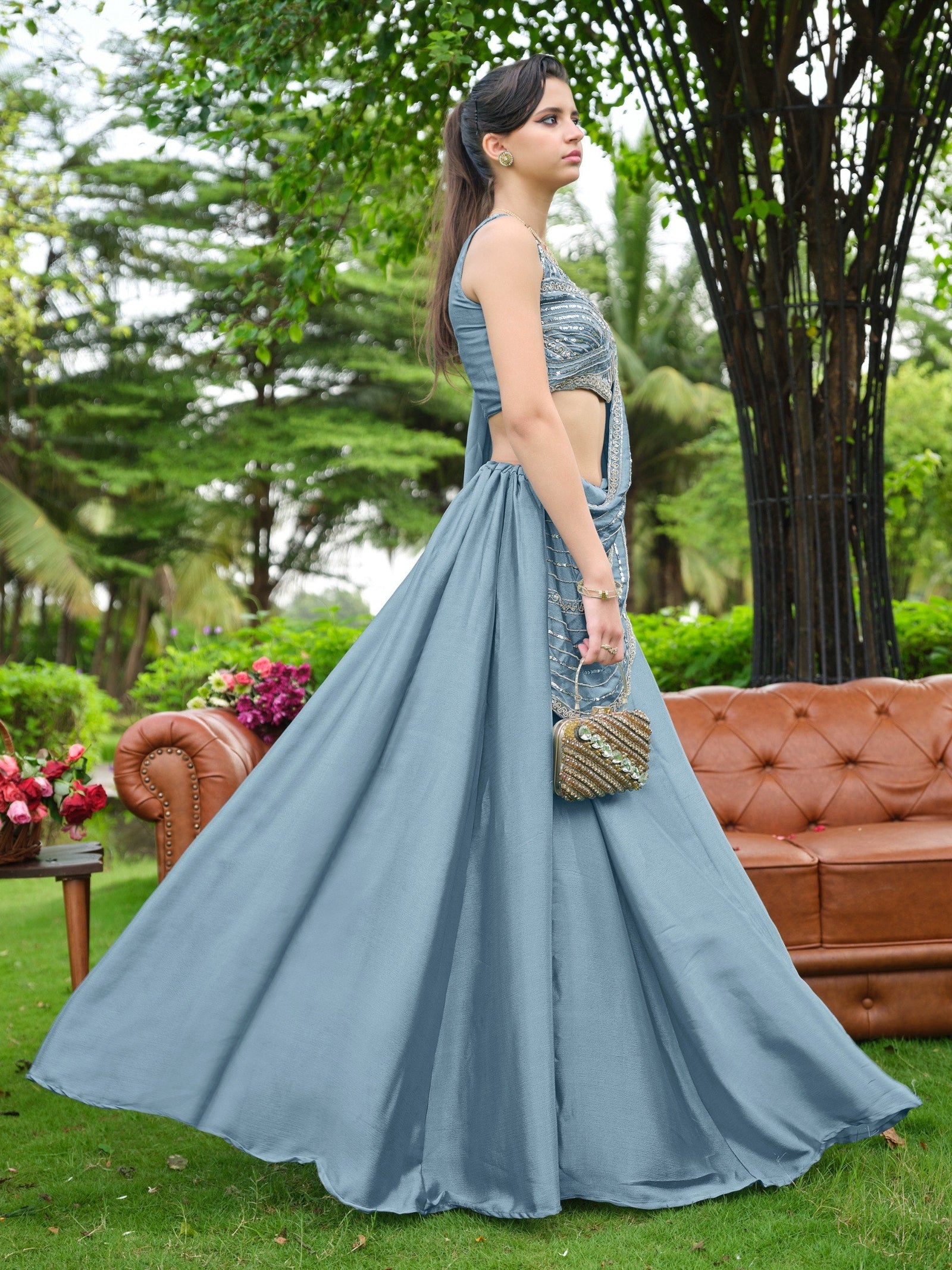 Dusty Blue Plain Lehenga with Attached Dupatta Clothsvilla
