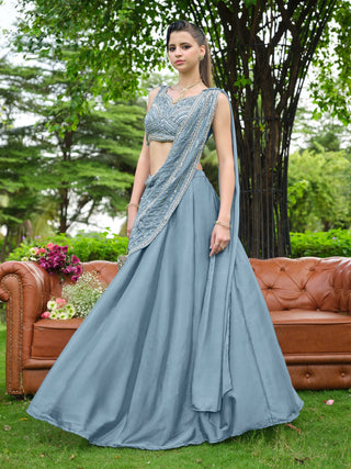 Dusty Blue Plain Lehenga with Attached Dupatta Clothsvilla
