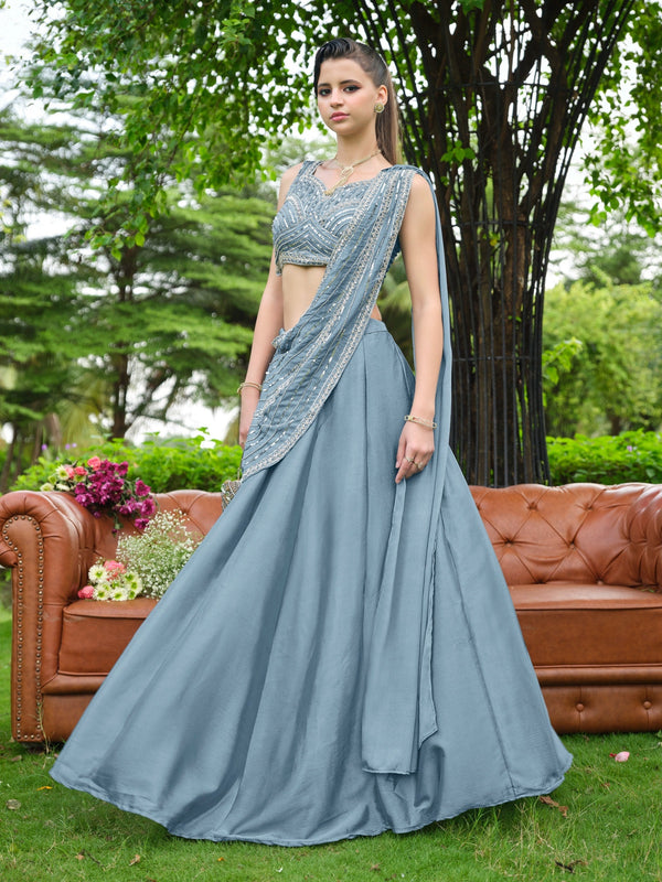 Dusty Blue Plain Lehenga with Attached Dupatta Clothsvilla