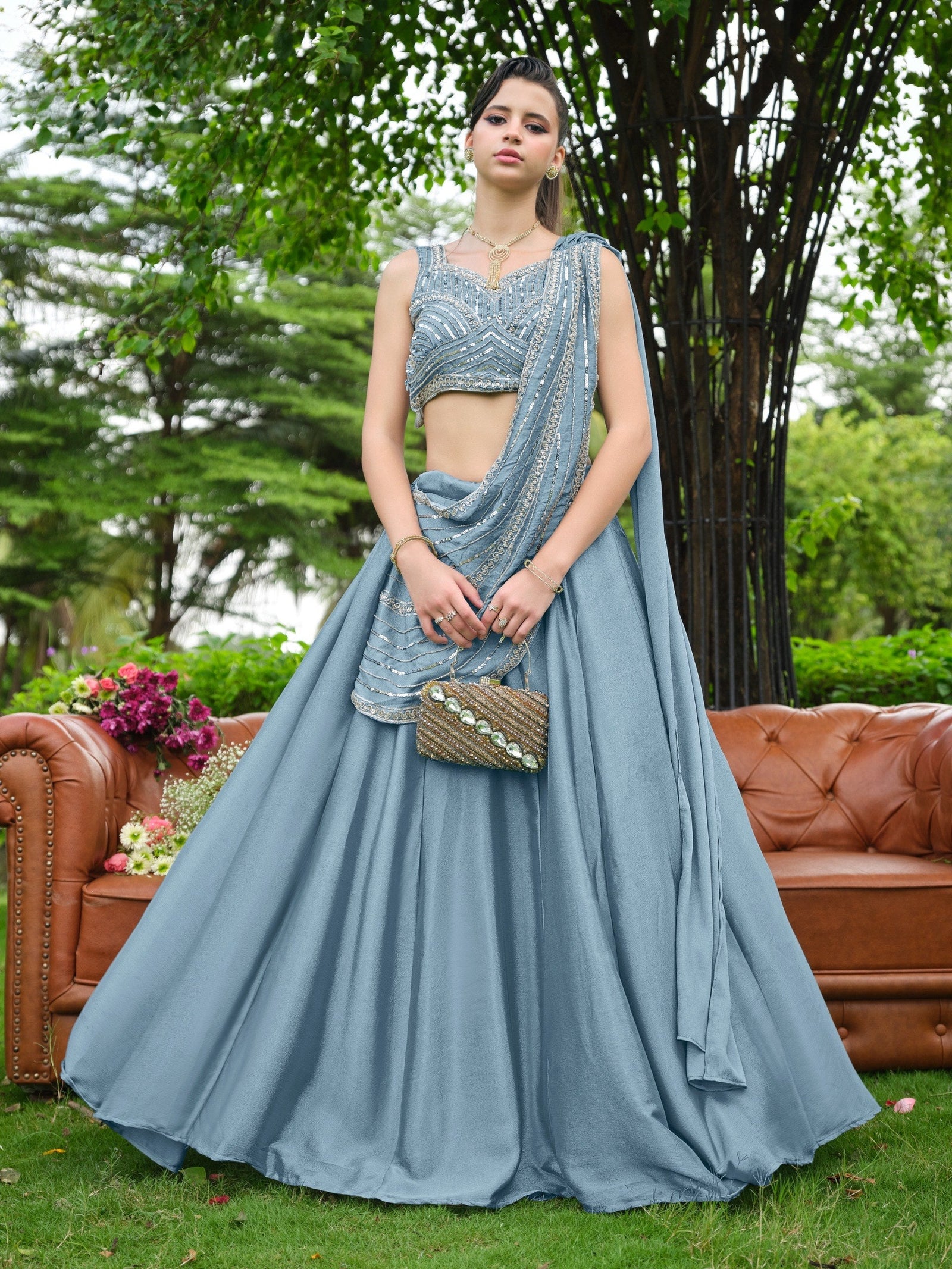 Dusty Blue Plain Lehenga with Attached Dupatta Clothsvilla
