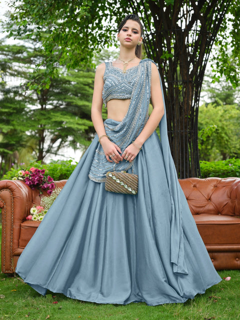 Dusty Blue Plain Lehenga with Attached Dupatta Clothsvilla Main image