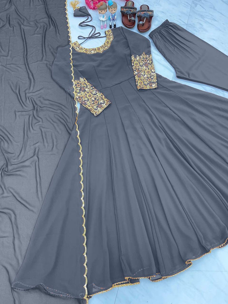 Dusty Blue Premium Designer Party Wear Anarkali Gown, Dupatta & Bottom Set Clothsvilla