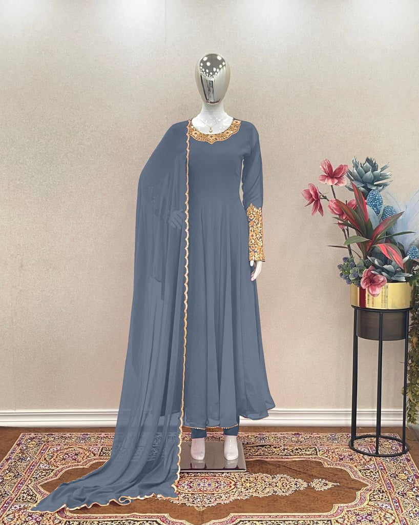 Dusty Blue Premium Designer Party Wear Anarkali Gown, Dupatta & Bottom Set Clothsvilla