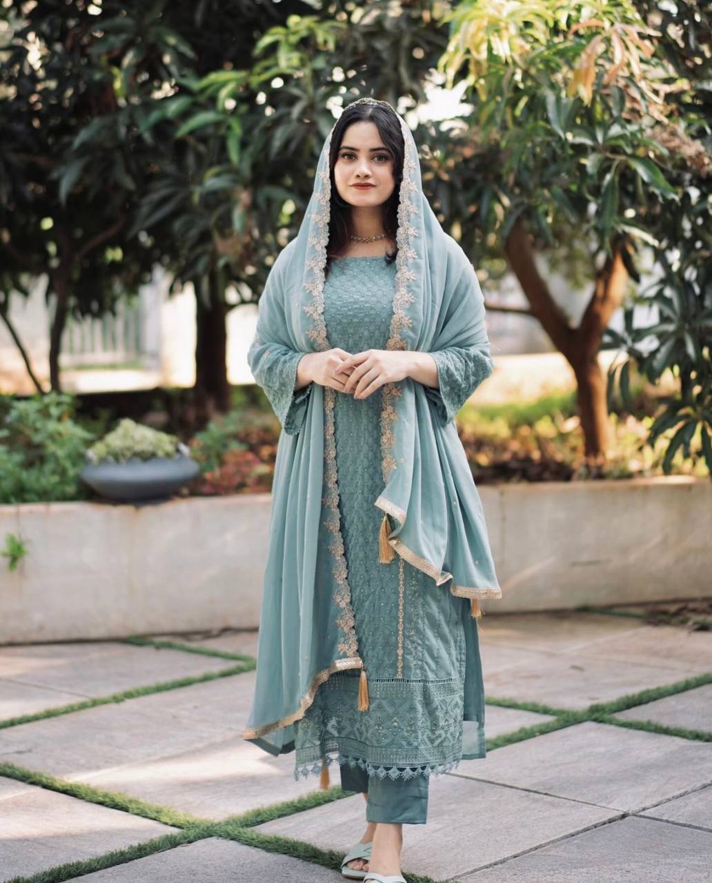Dusty Blue Premium Designer Party Wear Faux Georgette Top, Bottom & Dupatta Set Clothsvilla Main image