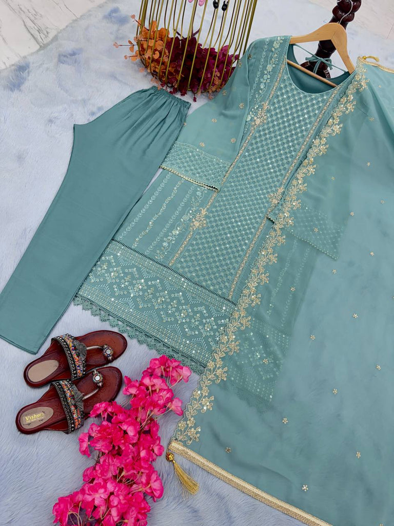 Dusty Blue Premium Designer Party Wear Faux Georgette Top, Bottom & Dupatta Set Clothsvilla