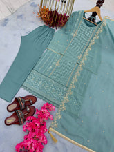 Load image into Gallery viewer, Dusty Blue Premium Designer Party Wear Faux Georgette Top, Bottom &amp; Dupatta Set Clothsvilla