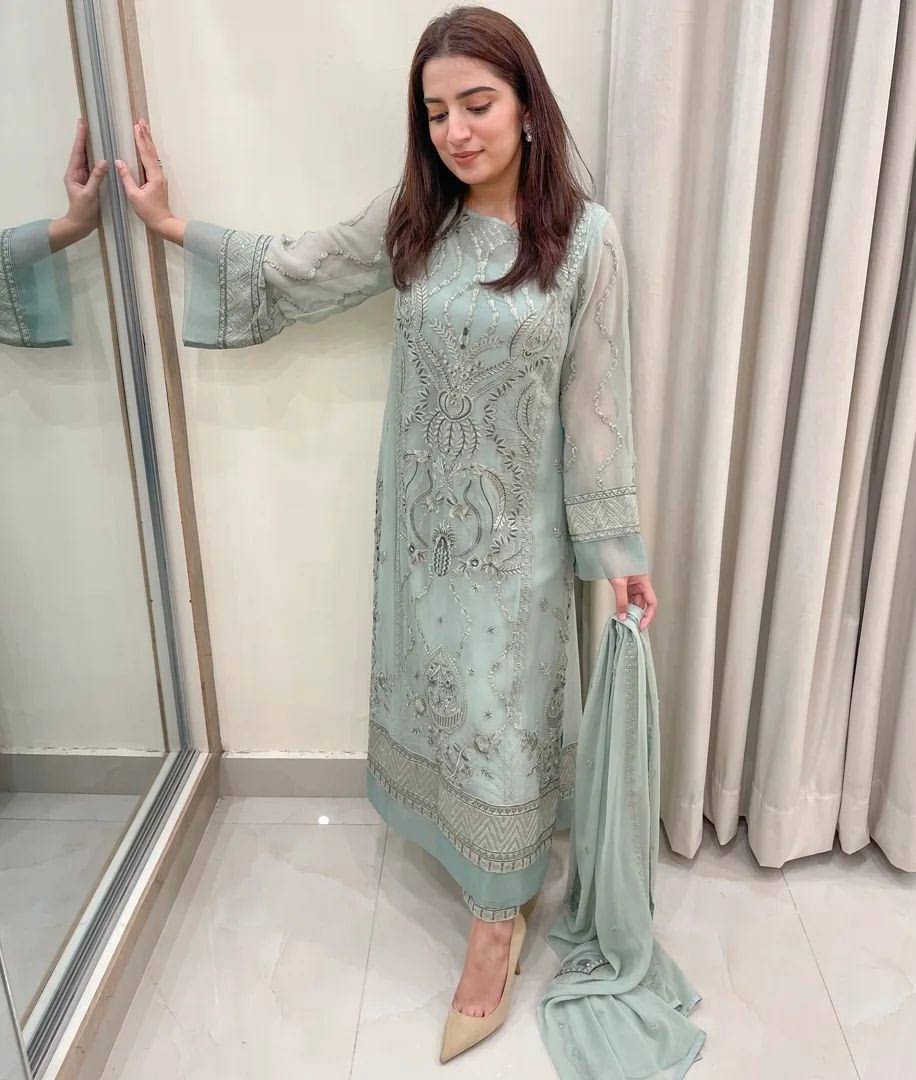 Dusty Blue Premium Designer Readymade Top, Bottom & Dupatta Set – Party Wear Collection Clothsvilla