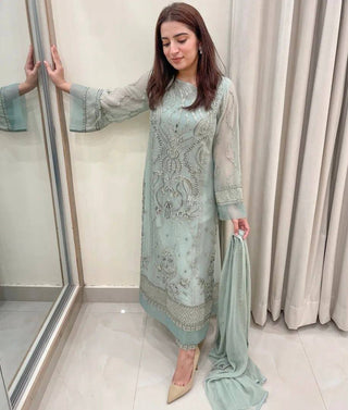 Dusty Blue Premium Designer Readymade Top, Bottom & Dupatta Set – Party Wear Collection Clothsvilla