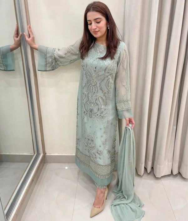 Dusty Blue Premium Designer Readymade Top, Bottom & Dupatta Set – Party Wear Collection Clothsvilla