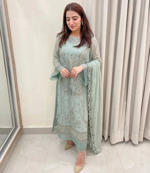Dusty Blue Premium Designer Readymade Top, Bottom & Dupatta Set – Party Wear Collection Clothsvilla Main image