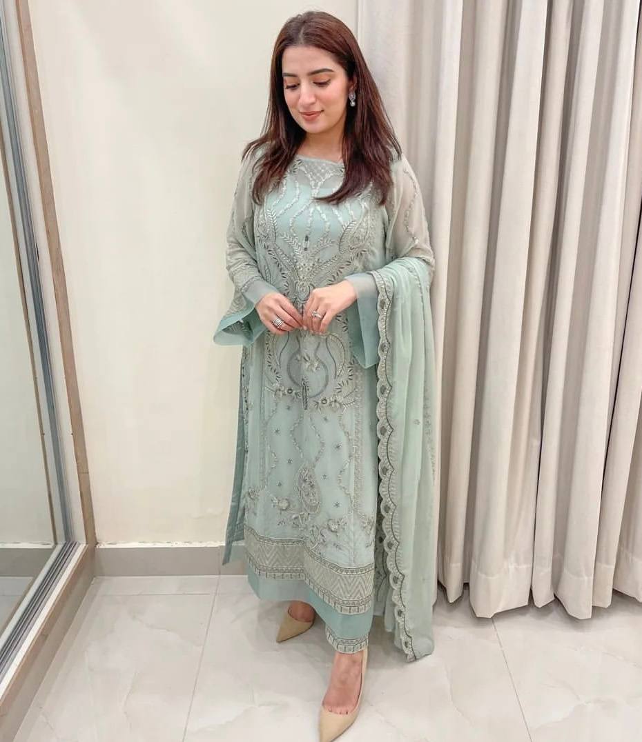 Dusty Blue Premium Designer Readymade Top, Bottom & Dupatta Set – Party Wear Collection Clothsvilla Main image