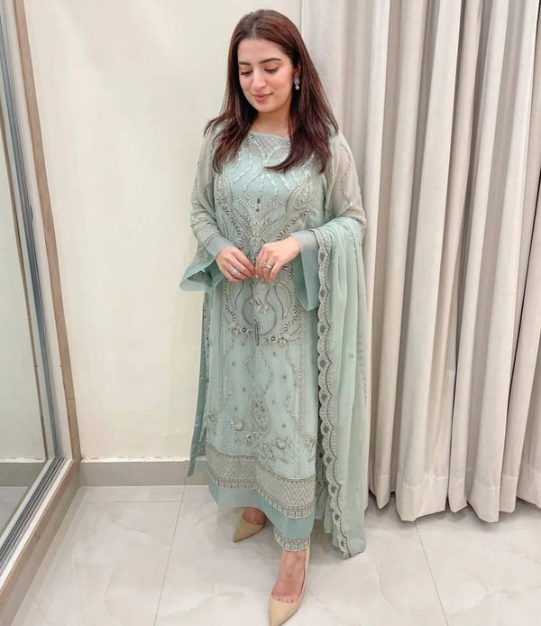 Dusty Blue Premium Designer Readymade Top, Bottom & Dupatta Set – Party Wear Collection Clothsvilla