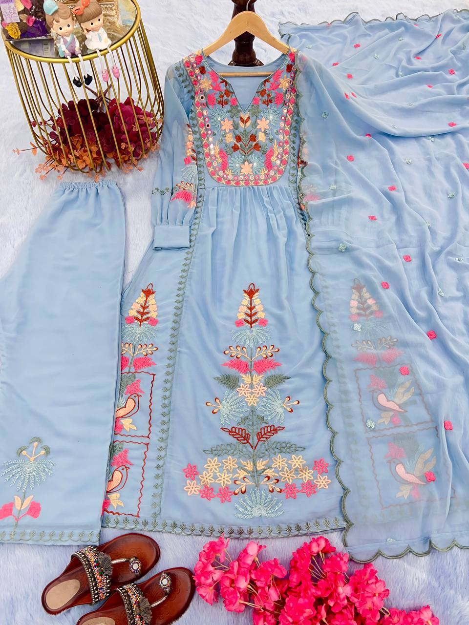 Dusty Blue  Premium Designer Readymade Top, Palazzo & Dupatta Set ClothsVilla Main image