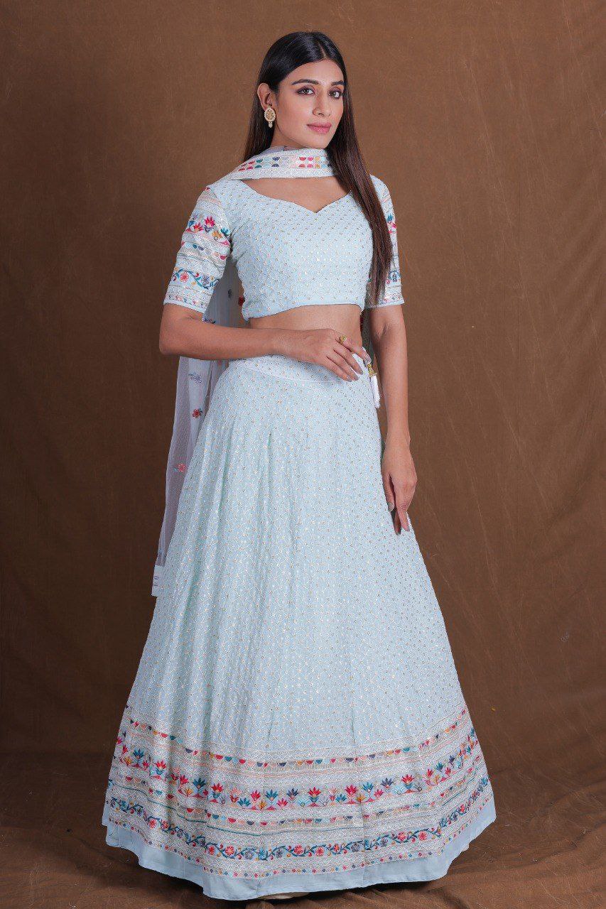 Dusty Blue Premium Georgette Multi-Thread, Sequins & Embroidered Lehenga Choli Set with Net Dupatta ClothsVilla Main image