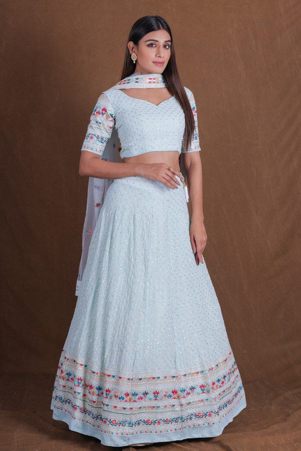 Dusty Blue Premium Georgette Multi-Thread, Sequins & Embroidered Lehenga Choli Set with Net Dupatta ClothsVilla