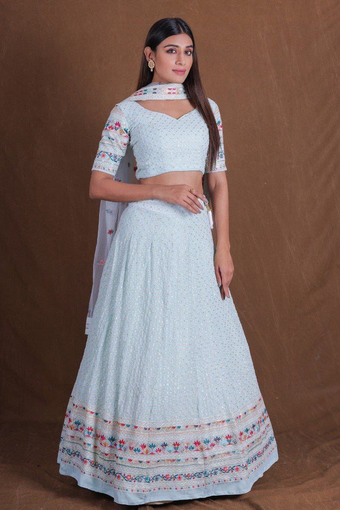 Dusty Blue Premium Georgette Multi-Thread, Sequins & Embroidered Lehenga Choli Set with Net Dupatta ClothsVilla