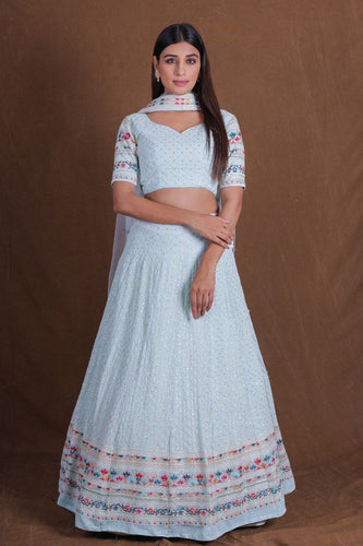 Dusty Blue Premium Georgette Multi-Thread, Sequins & Embroidered Lehenga Choli Set with Net Dupatta ClothsVilla
