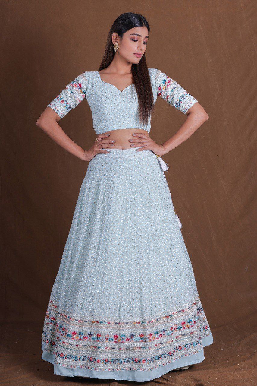 Dusty Blue Premium Georgette Multi-Thread, Sequins & Embroidered Lehenga Choli Set with Net Dupatta ClothsVilla