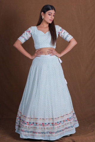 Dusty Blue Premium Georgette Multi-Thread, Sequins & Embroidered Lehenga Choli Set with Net Dupatta ClothsVilla