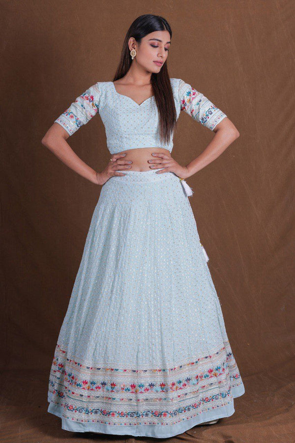 Dusty Blue Premium Georgette Multi-Thread, Sequins & Embroidered Lehenga Choli Set with Net Dupatta ClothsVilla