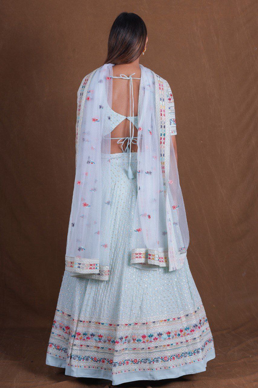 Dusty Blue Premium Georgette Multi-Thread, Sequins & Embroidered Lehenga Choli Set with Net Dupatta ClothsVilla