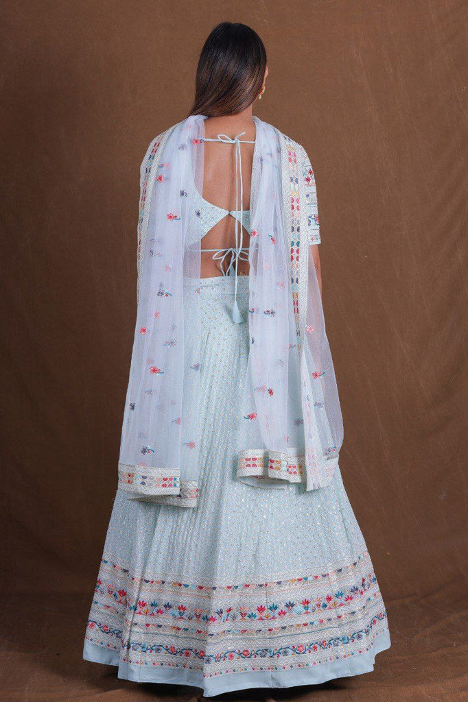 Dusty Blue Premium Georgette Multi-Thread, Sequins & Embroidered Lehenga Choli Set with Net Dupatta ClothsVilla
