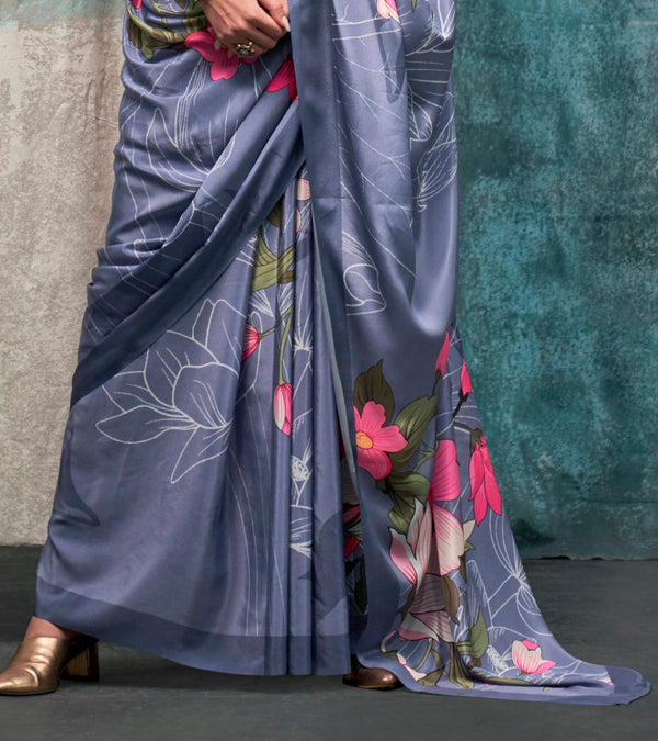 Dusty Blue Printed Chanderi Crepe Saree with Unstitched Blouse ClothsVilla
