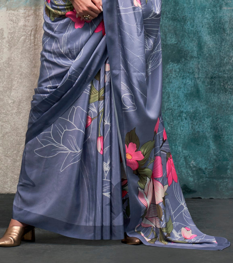 Dusty Blue Printed Chanderi Crepe Saree with Unstitched Blouse ClothsVilla