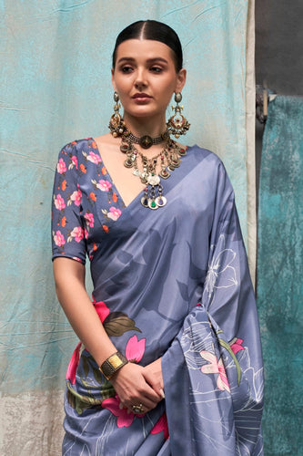 Dusty Blue Printed Chanderi Crepe Saree with Unstitched Blouse ClothsVilla