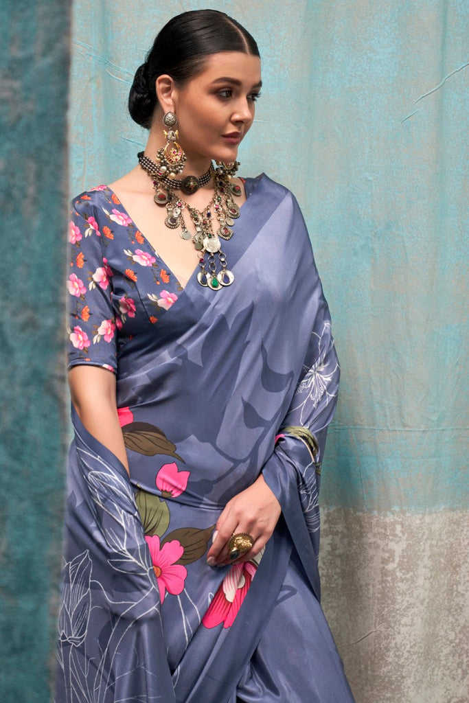 Dusty Blue Printed Chanderi Crepe Saree with Unstitched Blouse ClothsVilla