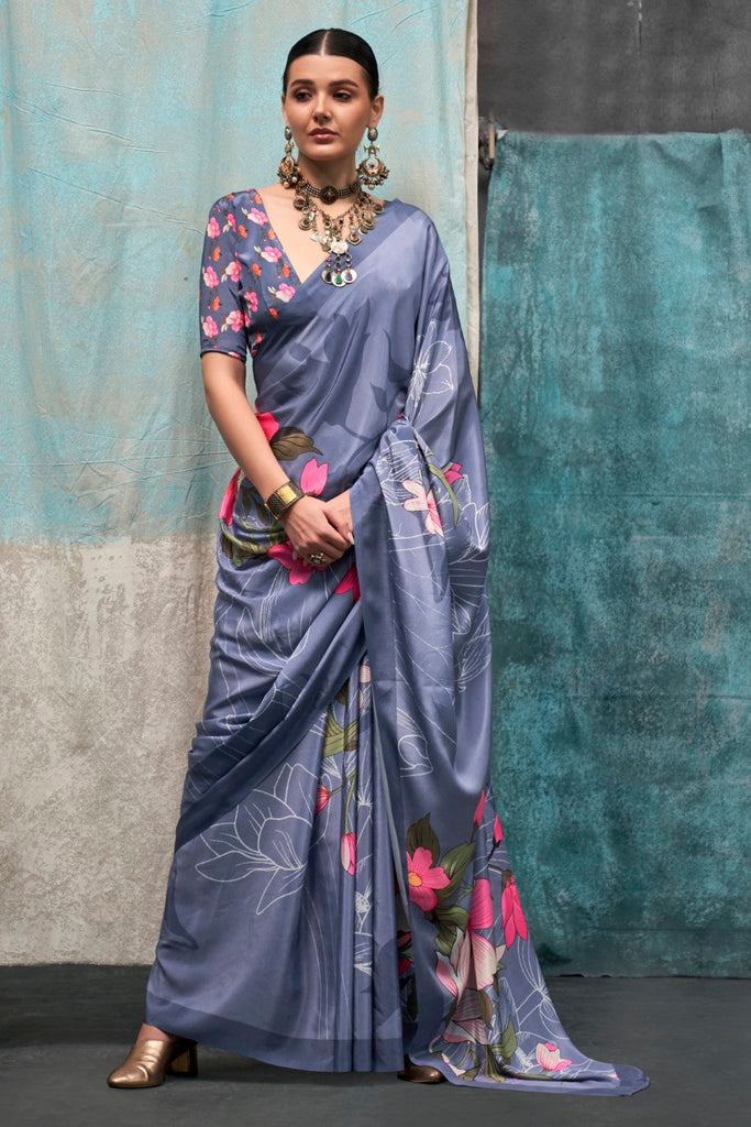 Dusty Blue Printed Chanderi Crepe Saree with Unstitched Blouse ClothsVilla
