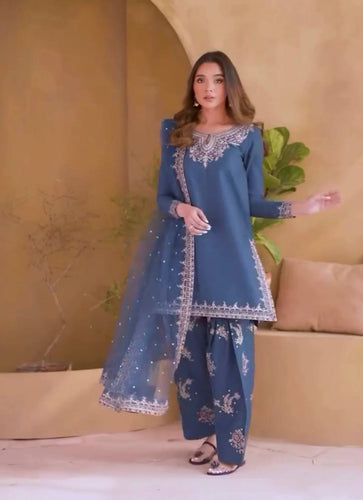 Dusty Blue Pure Natural Crepe Embroidered Farshi Plazzo Set with Organza Silk Dupatta – Full Stitched ClothsVilla