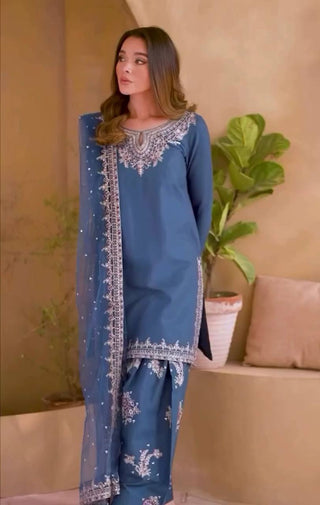 Dusty Blue Pure Natural Crepe Embroidered Farshi Plazzo Set with Organza Silk Dupatta – Full Stitched ClothsVilla