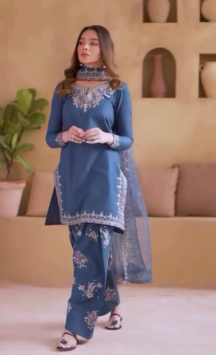 Dusty Blue Pure Natural Crepe Embroidered Farshi Plazzo Set with Organza Silk Dupatta – Full Stitched ClothsVilla
