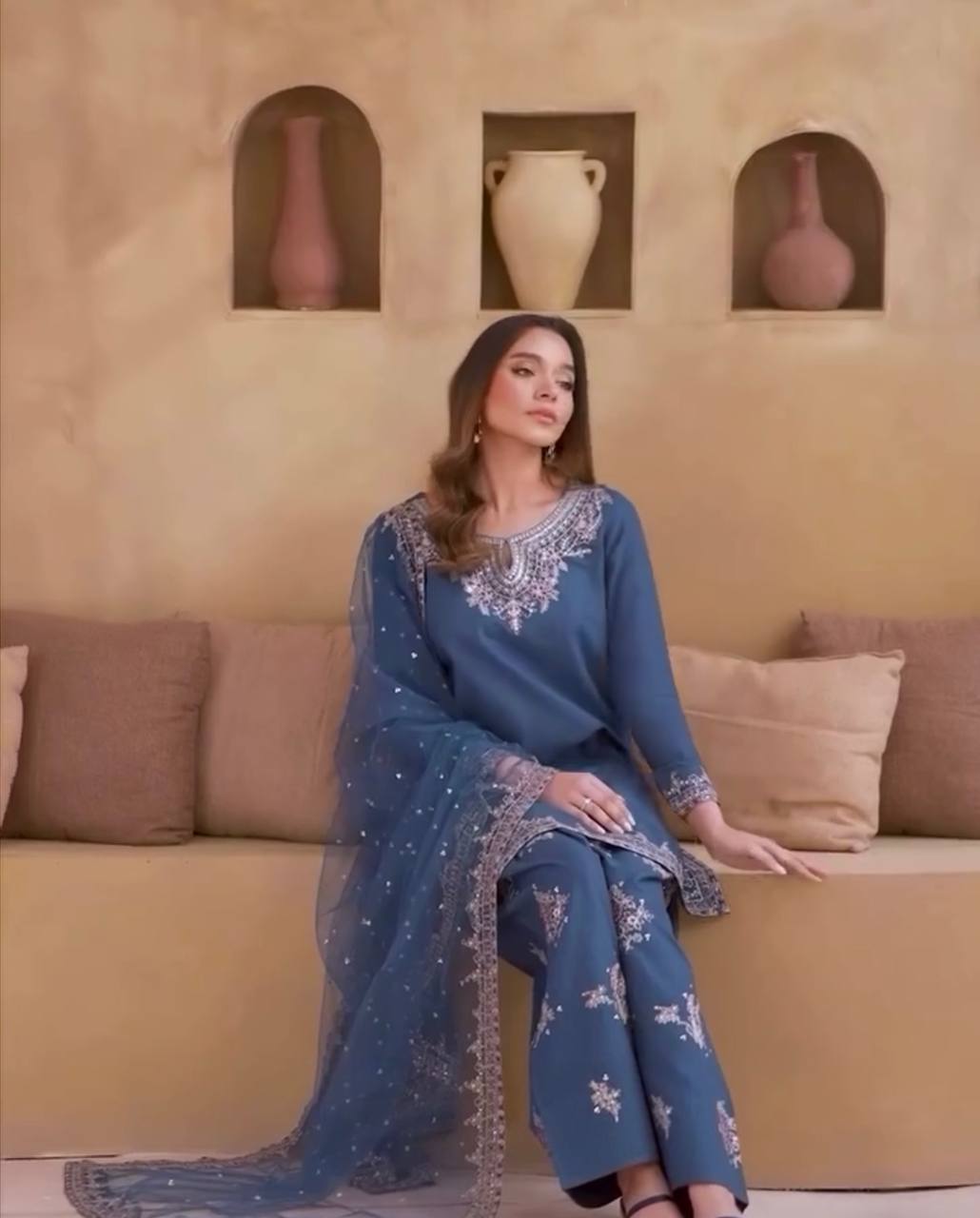 Dusty Blue Pure Natural Crepe Embroidered Farshi Plazzo Set with Organza Silk Dupatta – Full Stitched ClothsVilla