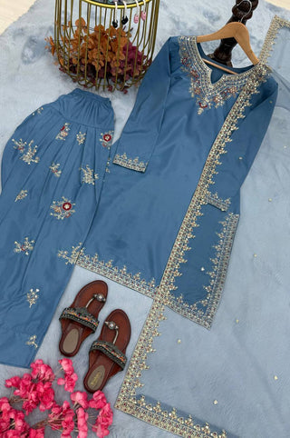 Dusty Blue Pure Natural Crepe Embroidered Farshi Plazzo Set with Organza Silk Dupatta – Full Stitched ClothsVilla