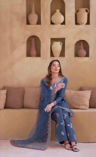 Dusty Blue Pure Natural Crepe Embroidered Farshi Plazzo Set with Organza Silk Dupatta – Full Stitched ClothsVilla